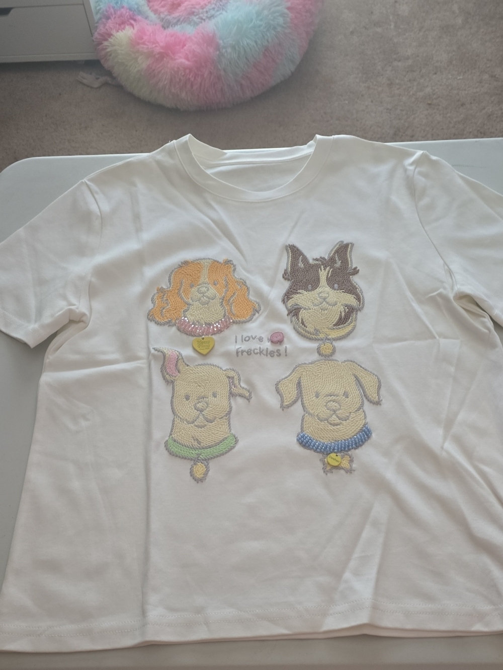 Womens White Embroidered Puppy Tee - I Love Freckles